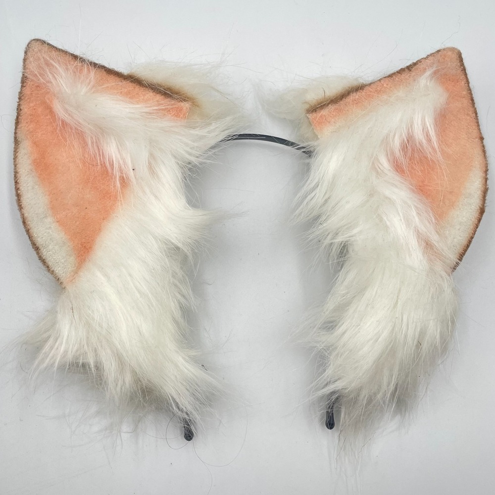 Vintage Faux Fur Fox Ears Headband White Peach Cosplay Neko Kawaii Costume